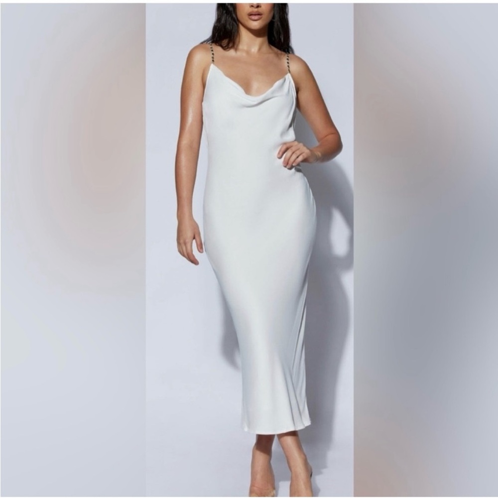 Rasta Cowl Neck Diamante Strap Midi Dress - White